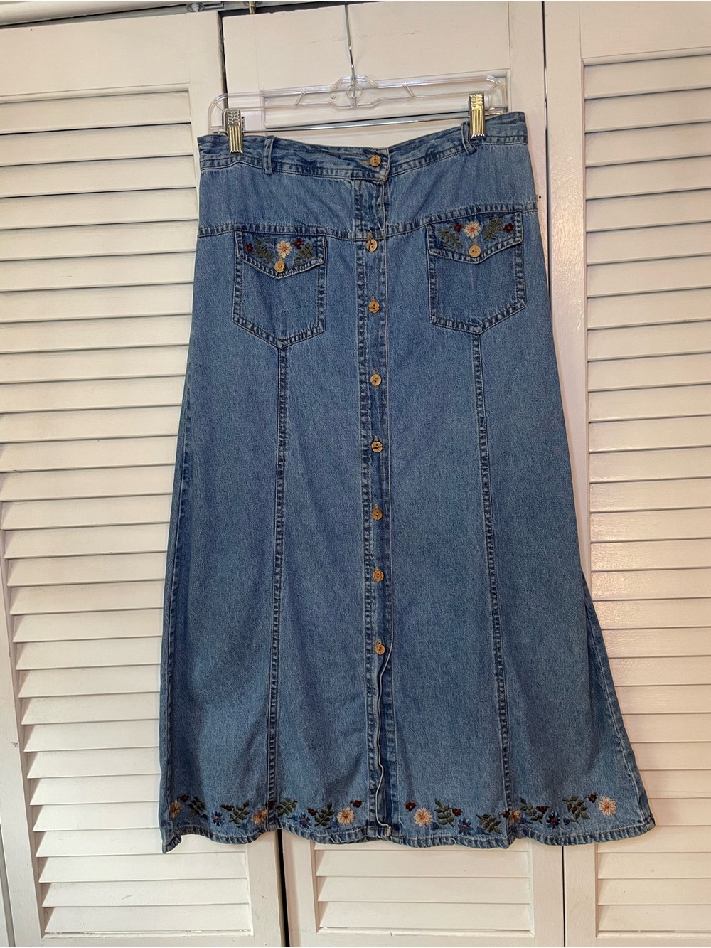 Vintage Studio West Denim Skirt with Embroidered Flowers